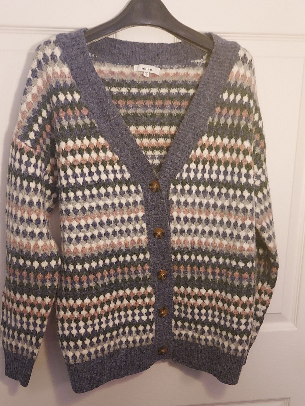 Kensie Fair Isle Cardigan Sweater Small Blue Cream Button Front